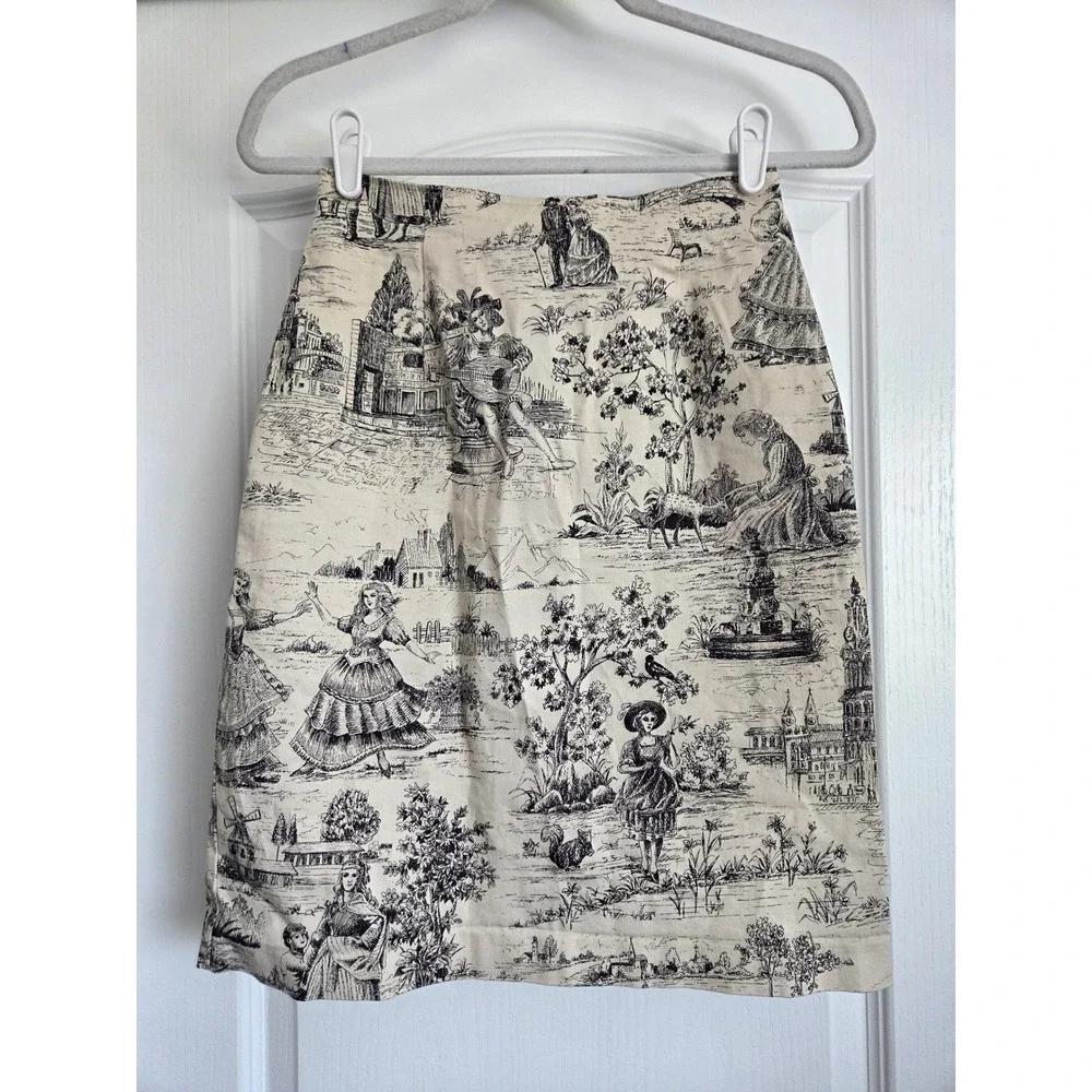 VTG New York City Design Co Toile de Jouy Pencil Skirt Cream Black Cotton Size 4
